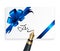 Card with blue gift bow and signing with a fountain pen