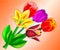 Card with a bouquet of multicolored realistic flowers tulips
