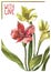 card with a branch of red and yellow watercolor alstroemeria and the inscription with love