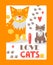 Card for cat lover, typography poster with cute pets vector illustration