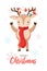 Card with christmas santa reindeer. Cartoon deer with garlands on the horns