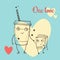 Card with cute cappuccino and milk characters in love on blue background with big white heart. Vector color illustration