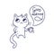 Card with  cute cartoon cat with cap.  Funny doodle kitten. Vector contour image. Beautiful animal print.