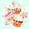 Card with cute dessert in kawaii style. Cake, muffin and cupcake with whipped cream and berry. Inscription So sweet. Can be used