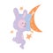 Card with cute sweet sleeping bunny or rabbit, moon and stars. Good night topic.