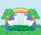 Card with a cute unicorns, rainbow and flowery meadow