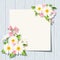 Card with daisies and bluebells flowers on a blue wooden background. Vector eps-10.