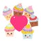 Card design with Cupcake Kawaii funny muzzle with pink cheeks, winking eyes and pink heart for your text, pastel colors on white