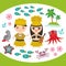 Card design Hawaiian Hula Dancer Kawaii boy girl set Hawaii icons symbols guitar ukulele flowers parrot fish crab octopus anchor f