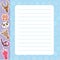 Card design with Kawaii deer, owl, panda, giraffe, elephant, unicorn, blue lilac pastel colors polka dot lined page notebook,