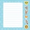 Card design with Kawaii leopard wolf kangaroo fox zebra lion, blue pastel colors polka dot lined page notebook, template, blank,