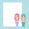 Card design with Kawaii Mermaid with blue and pink hair cute girl mint pastel colors polka dot lined page notebook, template,