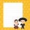Card design with Kawaii Mexican boy and girl in red national costume and hat. Cartoon children, orange yellow pastel colors polka