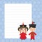 Card design with Kawaii Mongolian boy and girl in red national costume and hat. Cartoon children, orange yellow pastel colors