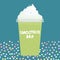 Card design smoothie bar kiwi smoothie transparent plastic cup with whipped cream on dark cyan, turquoise background. Vector