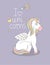 Card design with sweet unicorn and lettering `I love unicorn` isolated from purple background