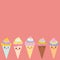 Card design for your text, banner template, Kawaii funny Ice cream waffle cone, muzzle with pink cheeks and winking eyes, pastel