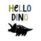 Card with dinozaur and text Hello dino on white background.