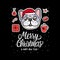 Card Dog in Christmas santa hat. Lettering inscription. Vector Illustration holiday design. French bulldog hand drawn stickers