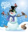 Card with funny snowman and birds on blue snow background