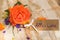 Card with german text, Alles Liebe, means love with orange colored rose