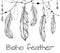 Card with hanging hand drawn feathers with boho pattern.