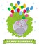 Card happy birthday. Cartoon elephant. Colorful balloons background with cute elephant