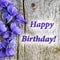 Card `Happy birthday`, light wooden background, violet flowers of violets