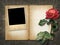 Card for invitation or congratulation with red rose and old phot