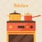 Card with kitchen oven and cooking utensils in
