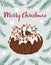 Card lettering Merry Christmas cute delicious Christmas cake with berries and holly with spruce brancheson