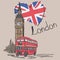 Card `Loved London`. With the image of BigBen, a red double-decker bus and the flag of England. Vector illustration.