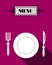 Card of menu with white plate and fork and knife,