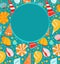 Card with pattern with cartoon seashells with sand, copy space and doodle ornament on blue background. Flat invitation with ocean