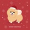 Card with pomeranian dog in Christmas santa hat. Lettering inscription. Vector Illustration.