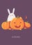 Card with rabbit. Cute bunny and pumpkins. Month october, Happy Halloween