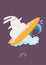 Card with rabbit surfing. Cute bunny swimming with board on the big wave. Month july, summer vacation.