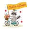 Card raccoon rides bicycle with autumn leaves