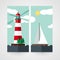 Card with red beacon on island and sailboat.