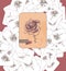 Card with rose and inscription scattered on the surface. Theme selection. Vintage style.