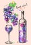 Card of sketch grapes, wine, bottle for design