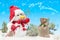 Card with Snowman in red hat and scarf, with gift`s sacks. Holiday concept for Christmas and New Years with inscription