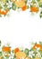 Card template, frame of hand drawn blooming oranges tree branches, flowers and oranges