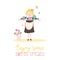 Card template Waitress cute illustration. Invitation. Woman serving coffee tea and cake vintage style art. Greeting card