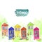 Card template with watercolor cute colorful nordic wooden houses