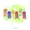 Card template with watercolor cute colorful nordic wooden houses