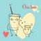 Card with vector cartoon characters in love on blue background with big white heart, latte with cream.