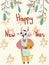 Card with watercolor New Year bulls with spruce branches and cones