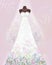 Card with wedding dress on a mannequin and veil. Floral pattern