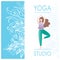 Card for Woman yoga studio with floral ornament and girl doing yoga pose